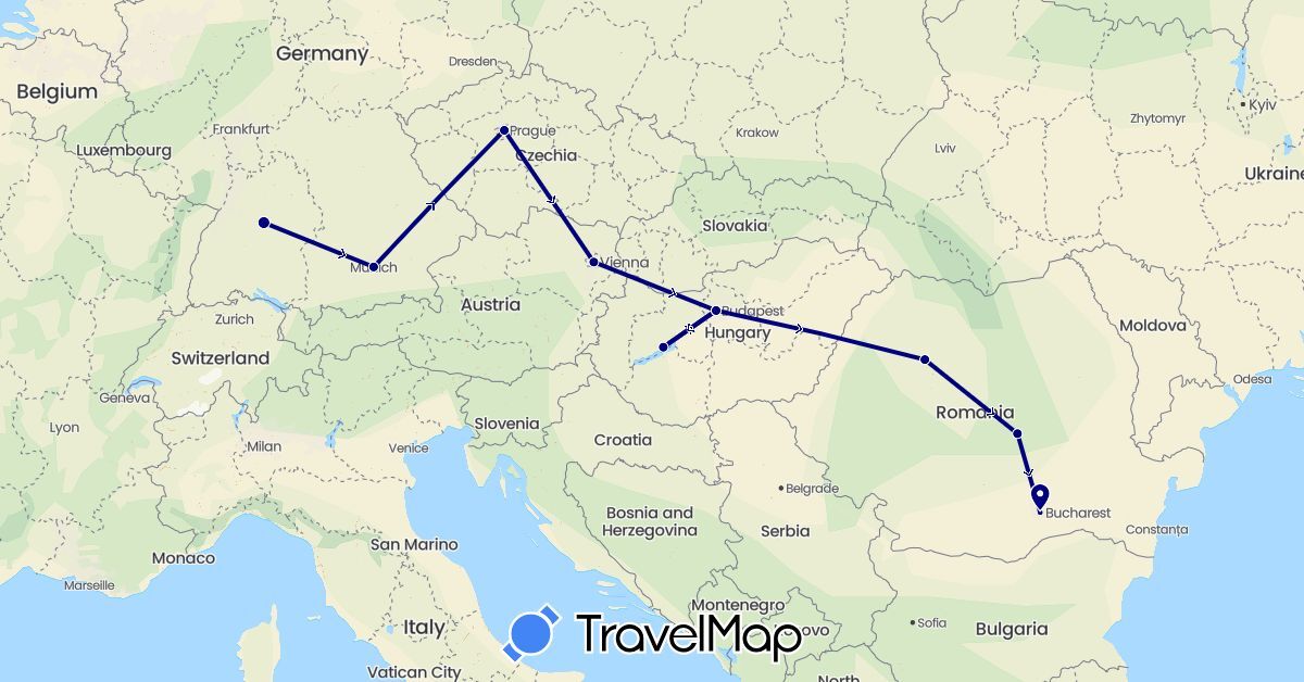 TravelMap itinerary: driving in Austria, Czech Republic, Germany, Hungary, Romania (Europe)